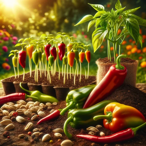 An image illustrating Organic Lively Italian Pepper seeds alongside sprouting seedlings and mature pepper plants bearing vibrant elongated Italian pepper.