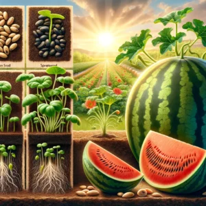 An image illustrating Organic Sunsweet Watermelon Seeds, alongside the stages of growth from seed to sprouting seedlings and mature watermelon plants.