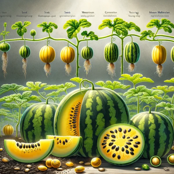 An image illustrating Organic Moonbeam Watermelon Seeds along with their growth stages.