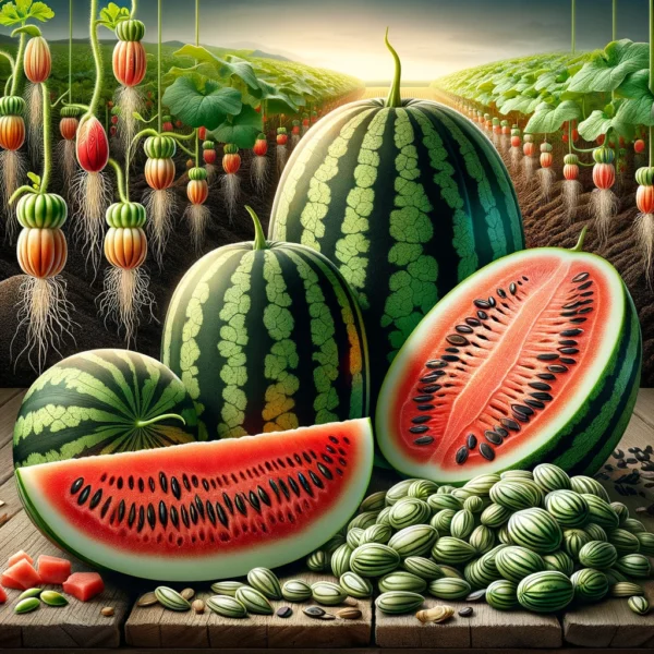 An image showcasing Organic Klondike Watermelon Seeds along with the growth stages from seed to sprouting seedlings and mature plants bearing large.